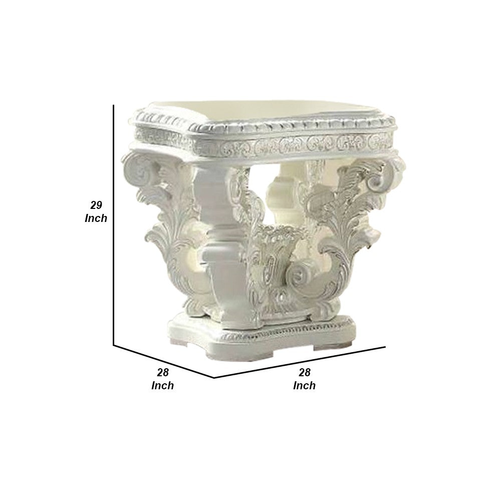 Kin 29 Inch Wood End Table, Raised Scrolled Pedestal, Ornate Motif, White - BM276275