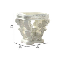 Kin 29 Inch Wood End Table, Raised Scrolled Pedestal, Ornate Motif, White - BM276275