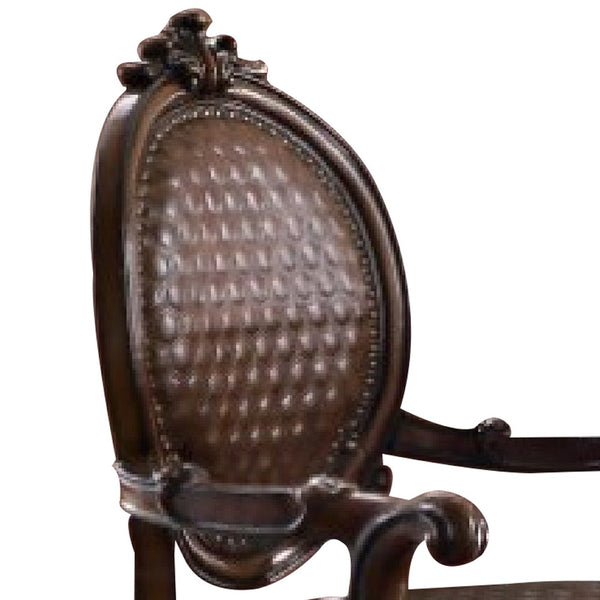 Kai 26 Inch Solid Wood Carved Armchair, Rolled Arms, Vegan Leather, Cherry - BM276283