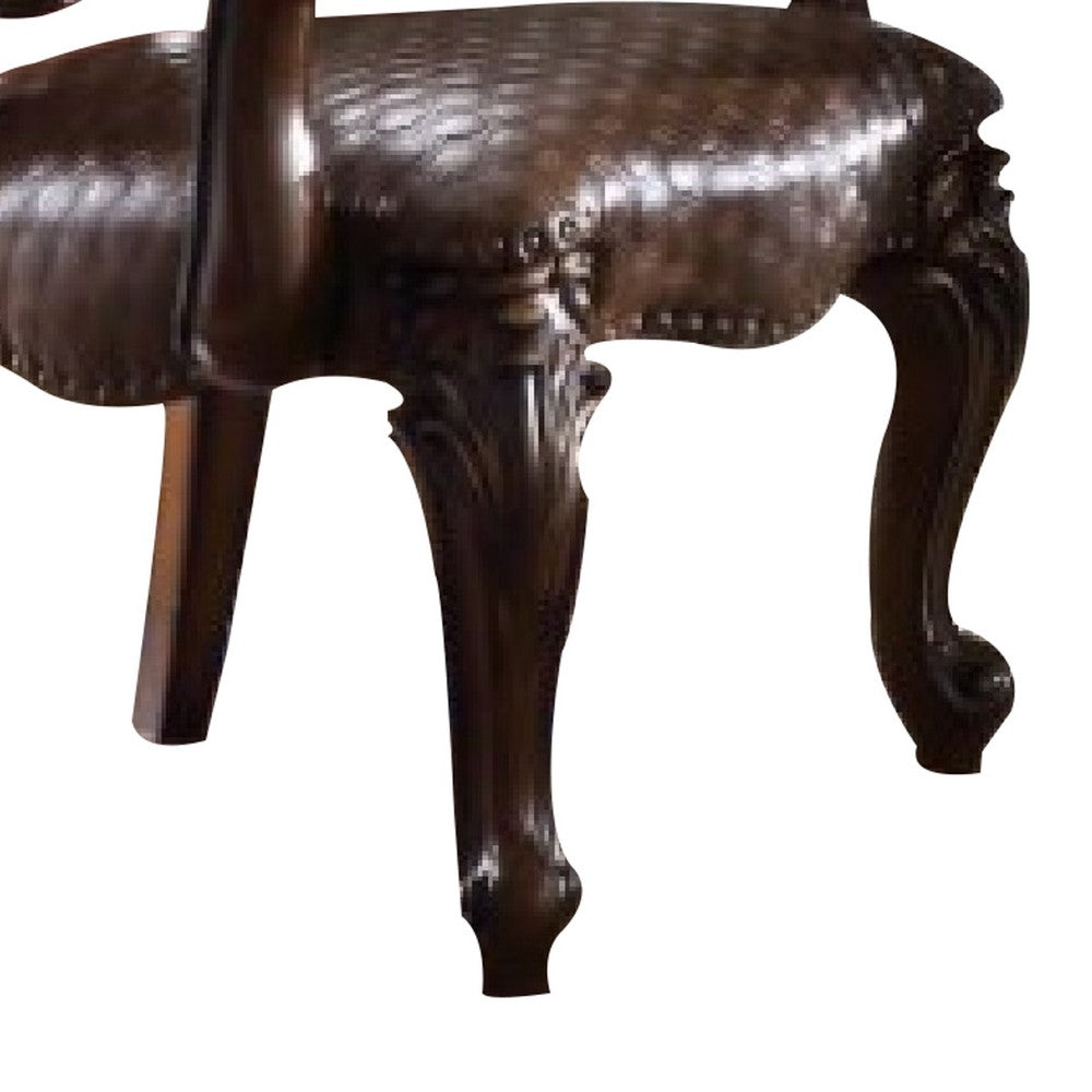 Kai 26 Inch Solid Wood Carved Armchair, Rolled Arms, Vegan Leather, Cherry - BM276283