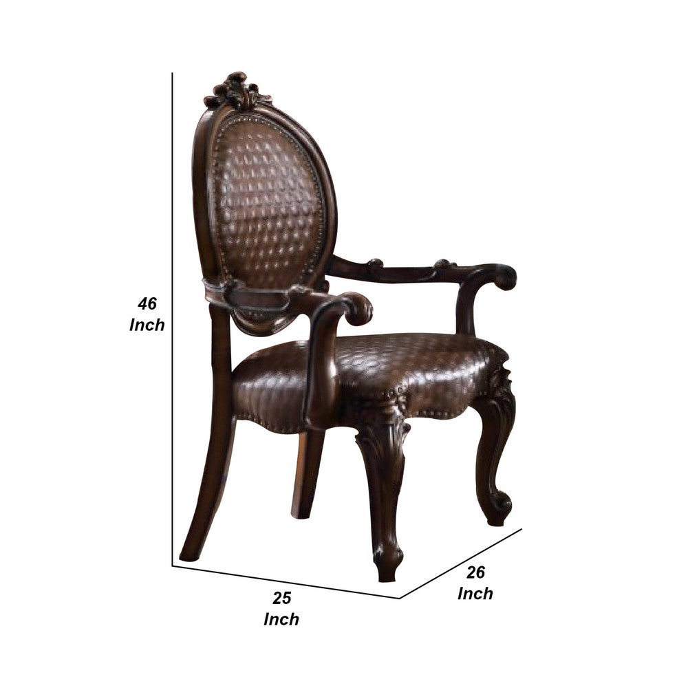 Kai 26 Inch Solid Wood Carved Armchair, Rolled Arms, Vegan Leather, Cherry - BM276283