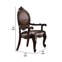 Kai 26 Inch Solid Wood Carved Armchair, Rolled Arms, Vegan Leather, Cherry - BM276283