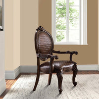 Kai 26 Inch Solid Wood Carved Armchair, Rolled Arms, Vegan Leather, Cherry - BM276283