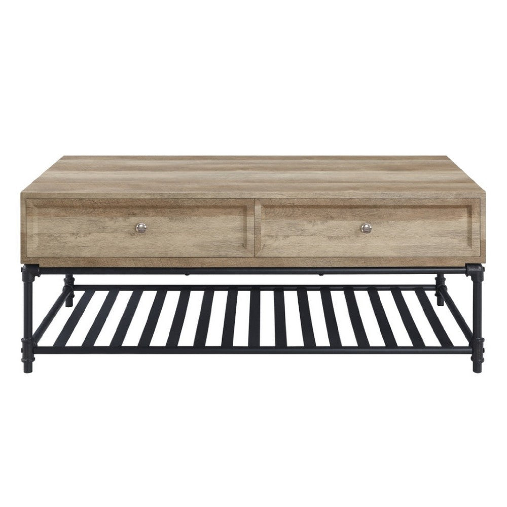 Ley 47 Inch Coffee Table, 2 Drawers, Industrial Design, Slatted Shelf, Oak - BM276287