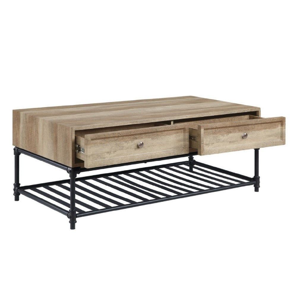 Ley 47 Inch Coffee Table, 2 Drawers, Industrial Design, Slatted Shelf, Oak - BM276287