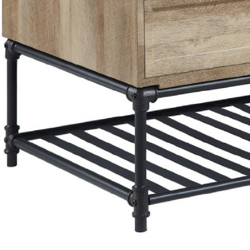 Ley 47 Inch Coffee Table, 2 Drawers, Industrial Design, Slatted Shelf, Oak - BM276287
