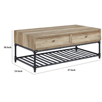 Ley 47 Inch Coffee Table, 2 Drawers, Industrial Design, Slatted Shelf, Oak - BM276287