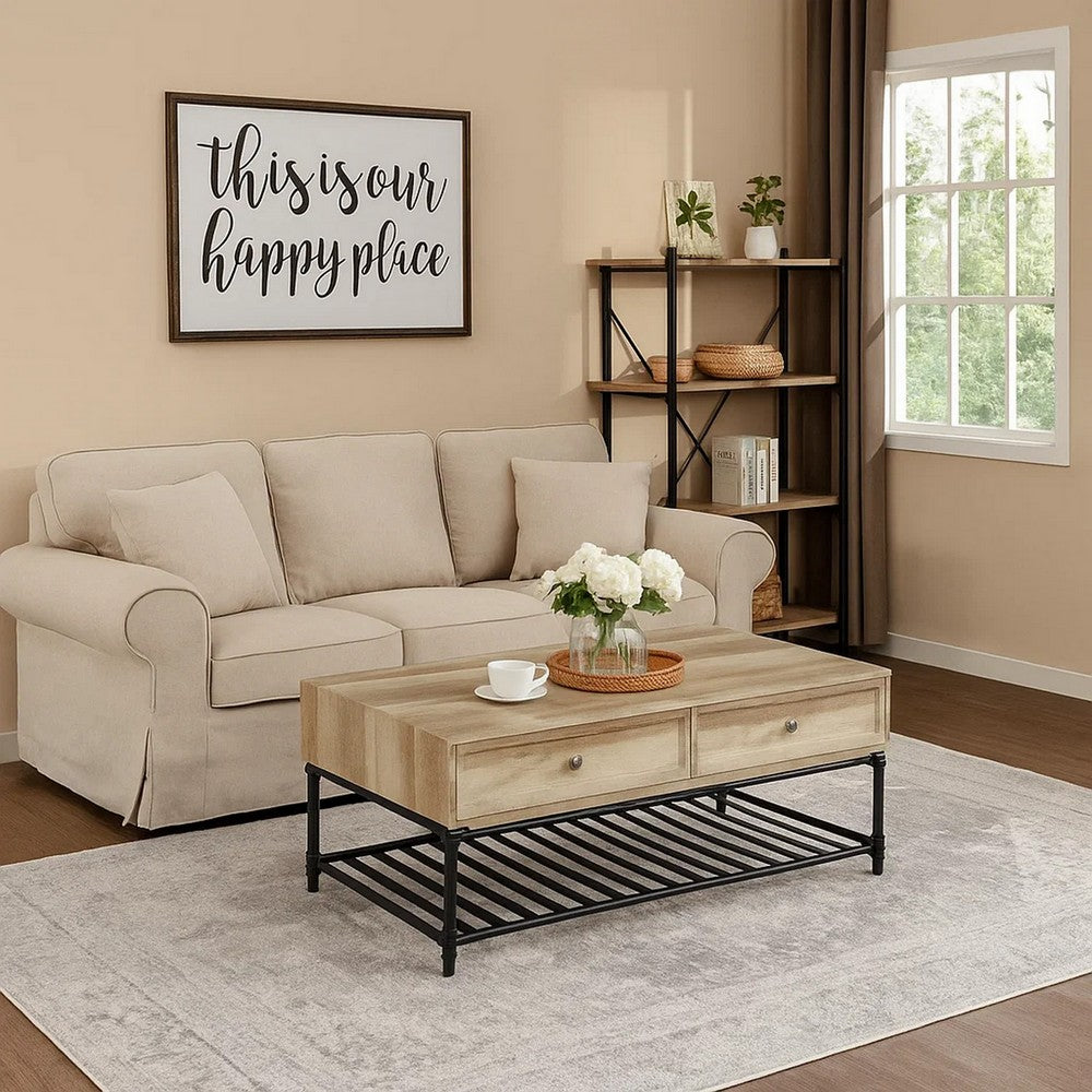 Ley 47 Inch Coffee Table, 2 Drawers, Industrial Design, Slatted Shelf, Oak - BM276287