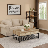 Ley 47 Inch Coffee Table, 2 Drawers, Industrial Design, Slatted Shelf, Oak - BM276287