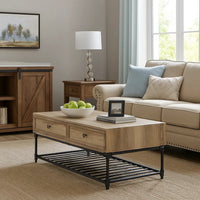 Ley 47 Inch Coffee Table, 2 Drawers, Industrial Design, Slatted Shelf, Oak - BM276287