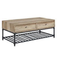 Ley 47 Inch Coffee Table, 2 Drawers, Industrial Design, Slatted Shelf, Oak - BM276287