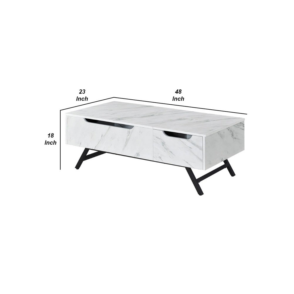 Hew 48 Inch Wood Coffee Table, Lift Top, 2 Drawers Storage, White - BM276301