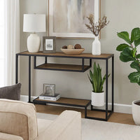 Lea 48 Inch Wood Sideboard Sofa Table, Grain Details, Metal, Rustic Oak - BM276308