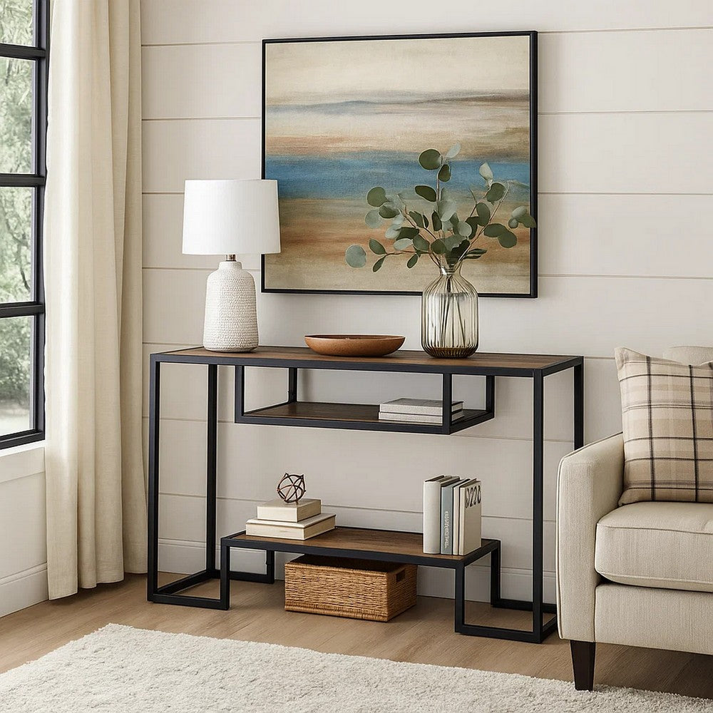 Lea 48 Inch Wood Sideboard Sofa Table, Grain Details, Metal, Rustic Oak - BM276308