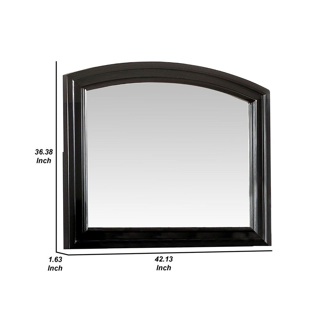 Glan 42 Inch Wall Mirror, Molded Trim, Wood Frame, Curved Top, Black - BM276348