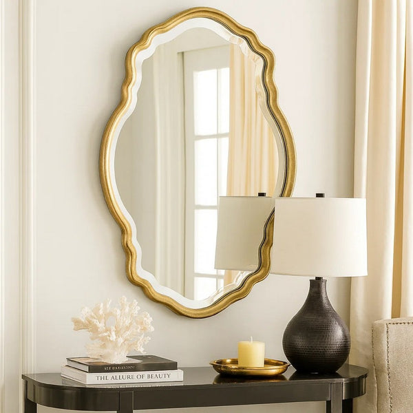 33 Inch Wood Wall Mirror, Elongated Quatrefoil, Gold - BM276683
