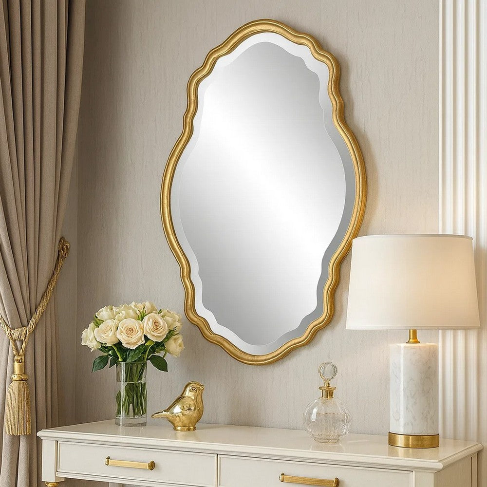 33 Inch Wood Wall Mirror, Elongated Quatrefoil, Gold - BM276683