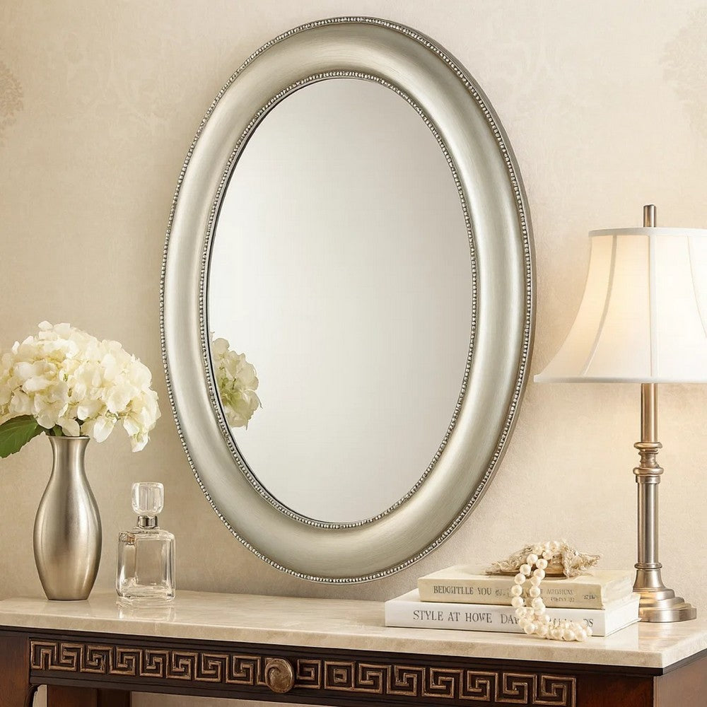 29 Inch Wood Wall Mirror, Beaded Oval Shape, Metallic Silver - BM276687