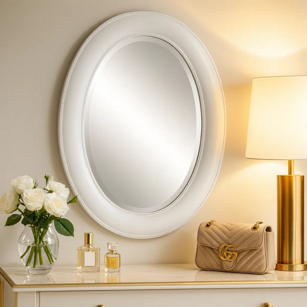 29 Inch Wood Wall Mirror, Beaded Oval Shape, White - BM276688