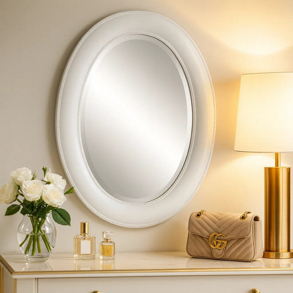 29 Inch Wood Wall Mirror, Beaded Oval Shape, White - BM276688