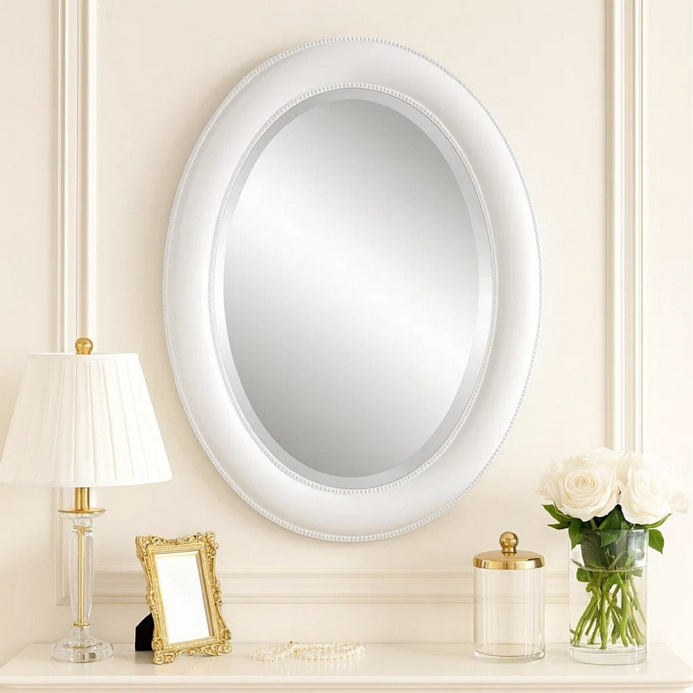 29 Inch Wood Wall Mirror, Beaded Oval Shape, White - BM276688