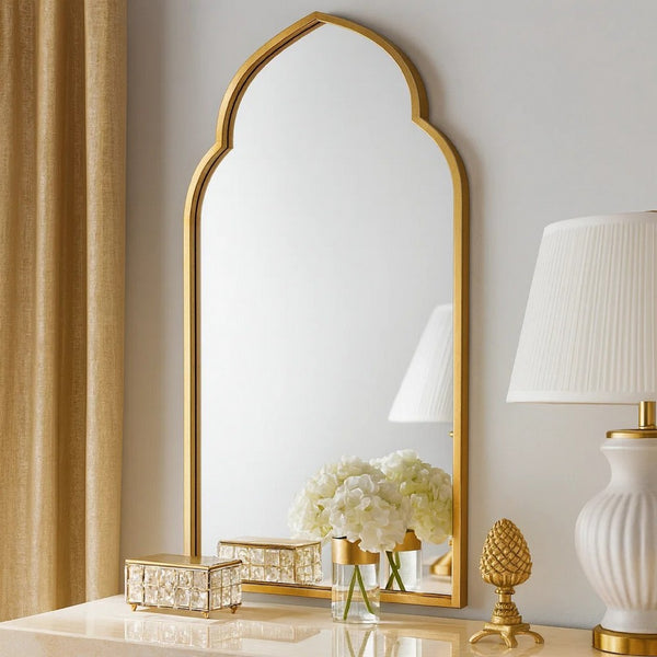 38 Inch Wood Wall Mirror, Moroccan Style, Antique Gold - BM276692
