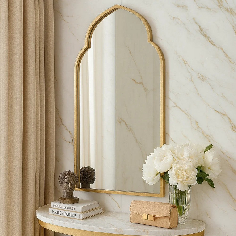 38 Inch Wood Wall Mirror, Moroccan Style, Antique Gold - BM276692