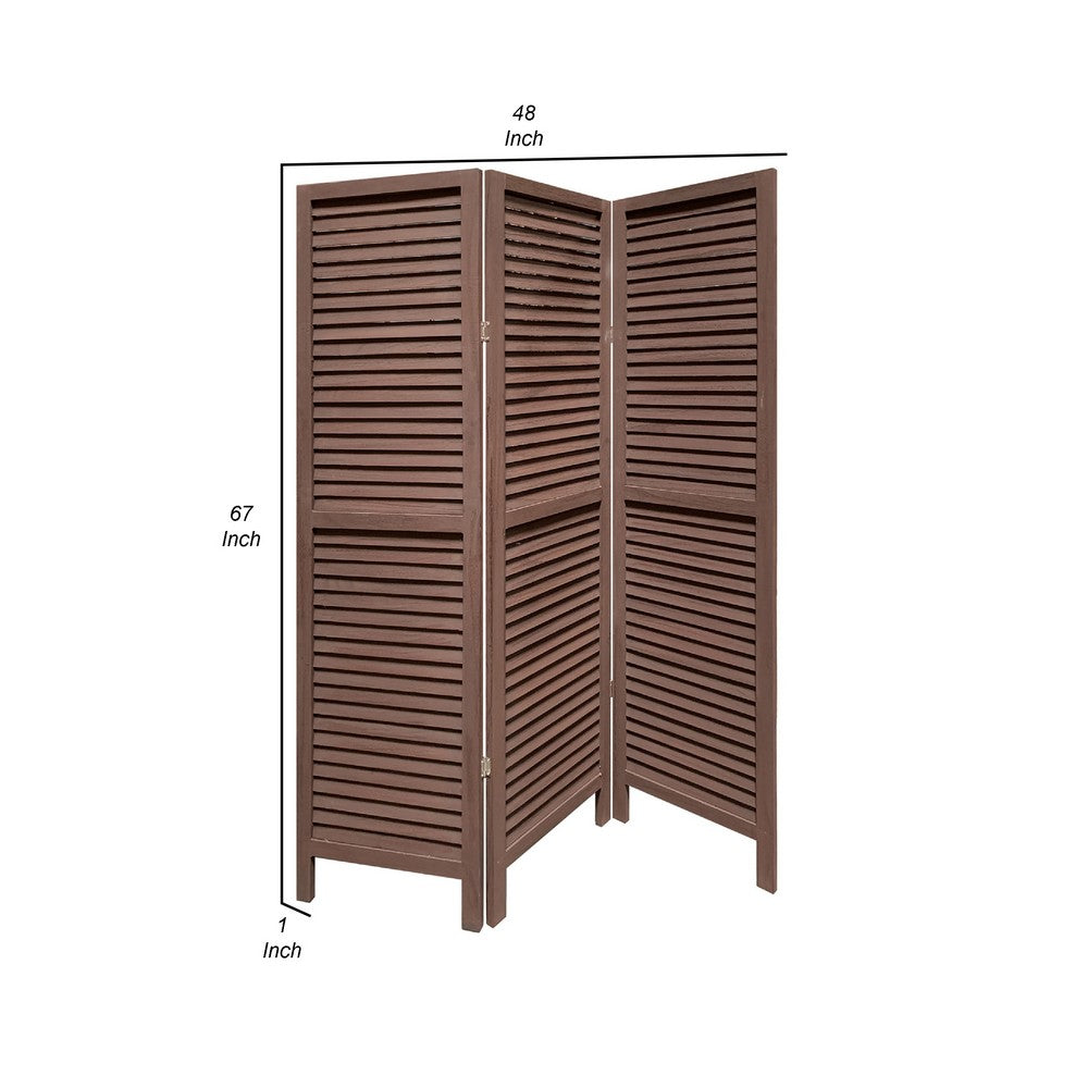 67 Inch 3 Panel Shutter Screen Room Divider, Fitted Slats, Washed Brown - BM276714