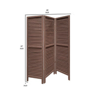 67 Inch 3 Panel Shutter Screen Room Divider, Fitted Slats, Washed Brown - BM276714