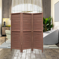 67 Inch 3 Panel Shutter Screen Room Divider, Fitted Slats, Washed Brown - BM276714