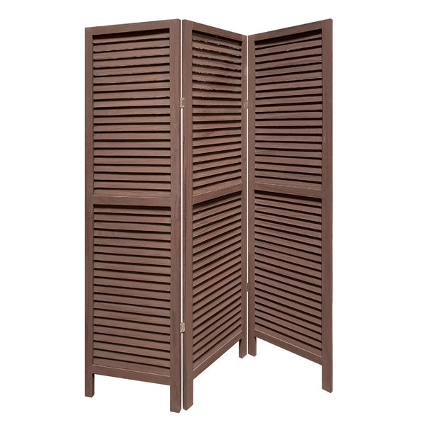 67 Inch 3 Panel Shutter Screen Room Divider, Fitted Slats, Washed Brown - BM276714
