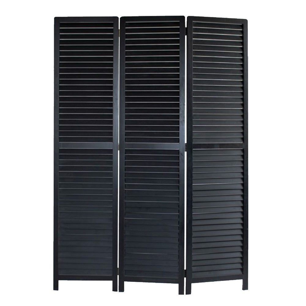 67 Inch 3 Panel Shutter Screen Room Divider, Fitted Slats, Black - BM276715