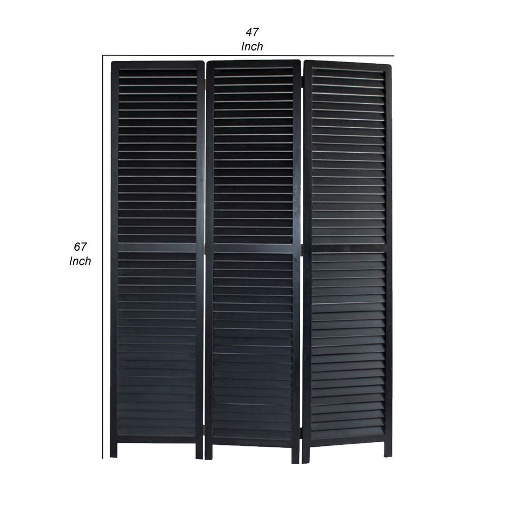 67 Inch 3 Panel Shutter Screen Room Divider, Fitted Slats, Black - BM276715