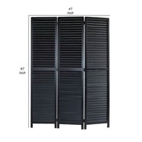 67 Inch 3 Panel Shutter Screen Room Divider, Fitted Slats, Black - BM276715