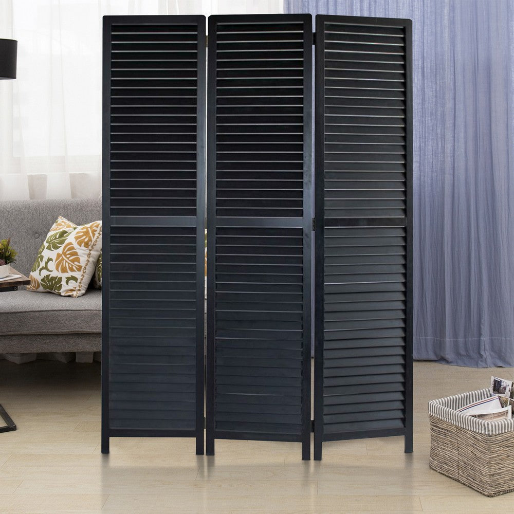 67 Inch 3 Panel Shutter Screen Room Divider, Fitted Slats, Black - BM276715