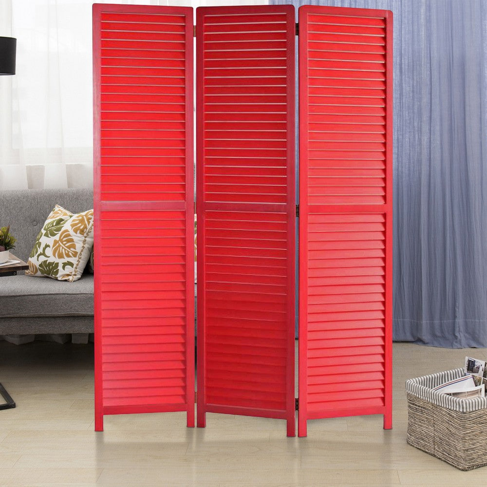 67 Inch 3 Panel Shutter Screen Room Divider, Fitted Slats, Red - BM276716