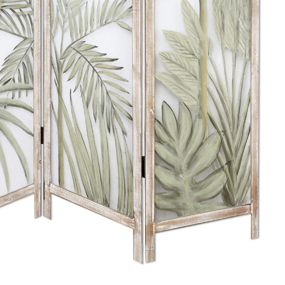63 Inch 3 Panel Screen Room Divider, Painted Leaves, Wood Frame, Green - BM276718