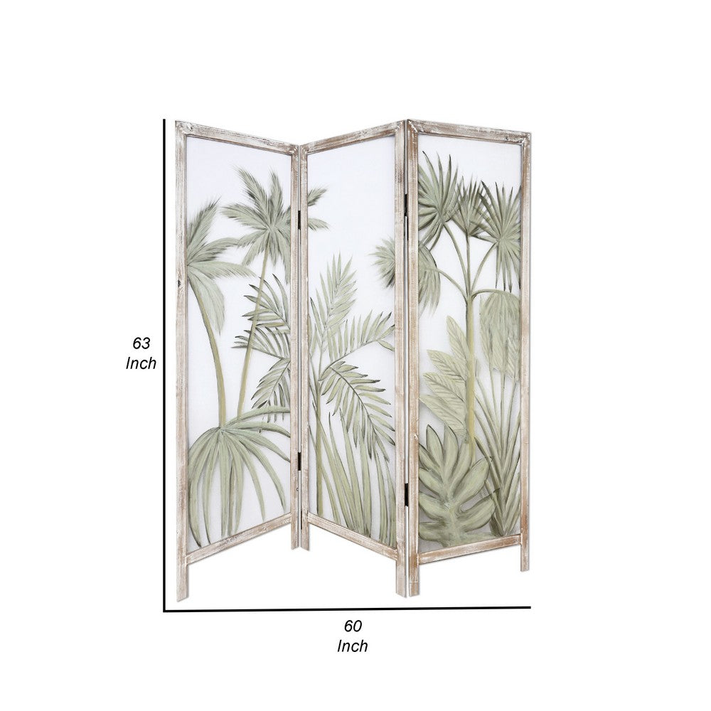 63 Inch 3 Panel Screen Room Divider, Painted Leaves, Wood Frame, Green - BM276718