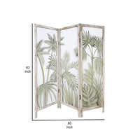 63 Inch 3 Panel Screen Room Divider, Painted Leaves, Wood Frame, Green - BM276718