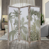 63 Inch 3 Panel Screen Room Divider, Painted Leaves, Wood Frame, Green - BM276718