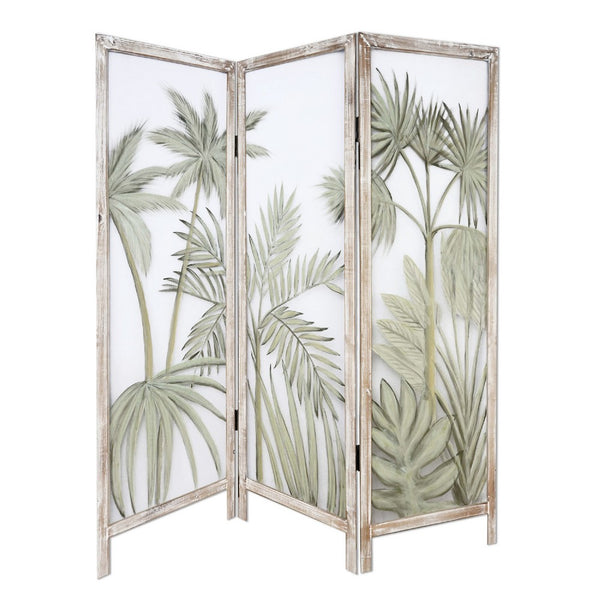63 Inch 3 Panel Screen Room Divider, Painted Leaves, Wood Frame, Green - BM276718
