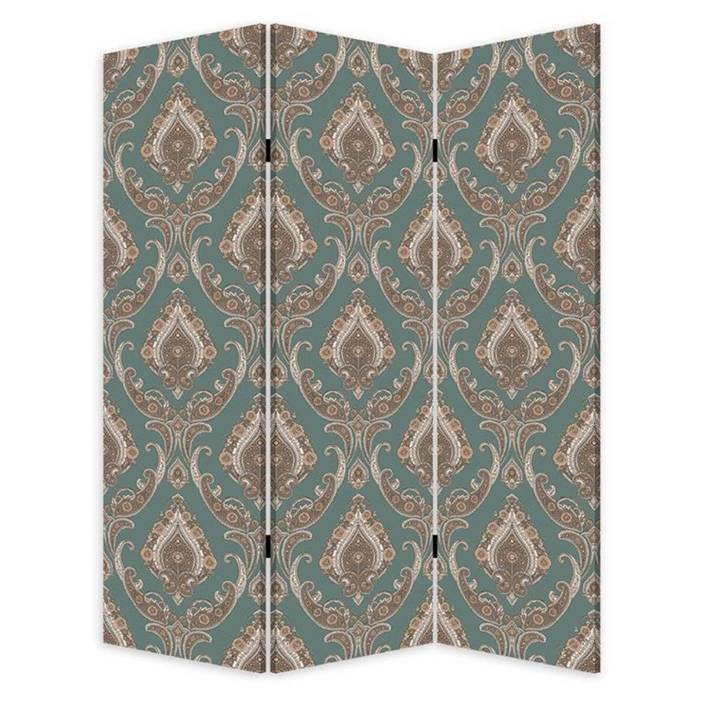 72 Inch 3 Panel Canvas Screen Room Divider, Dual Sided Baroque, White Brown - BM276719