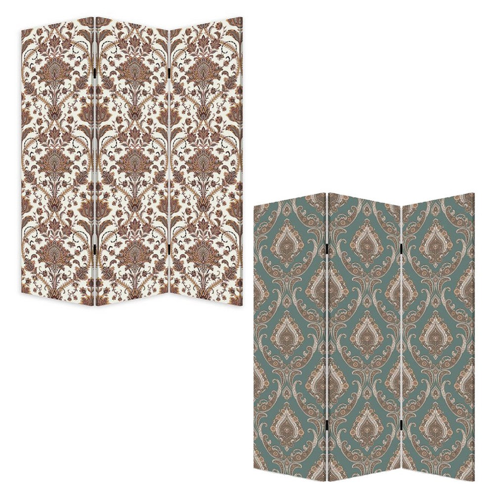72 Inch 3 Panel Canvas Screen Room Divider, Dual Sided Baroque, White Brown - BM276719