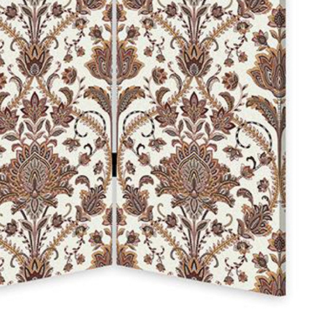 72 Inch 3 Panel Canvas Screen Room Divider, Dual Sided Baroque, White Brown - BM276719