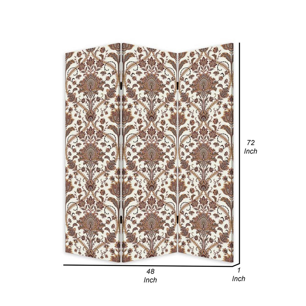 72 Inch 3 Panel Canvas Screen Room Divider, Dual Sided Baroque, White Brown - BM276719
