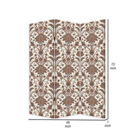 72 Inch 3 Panel Canvas Screen Room Divider, Dual Sided Baroque, White Brown - BM276719