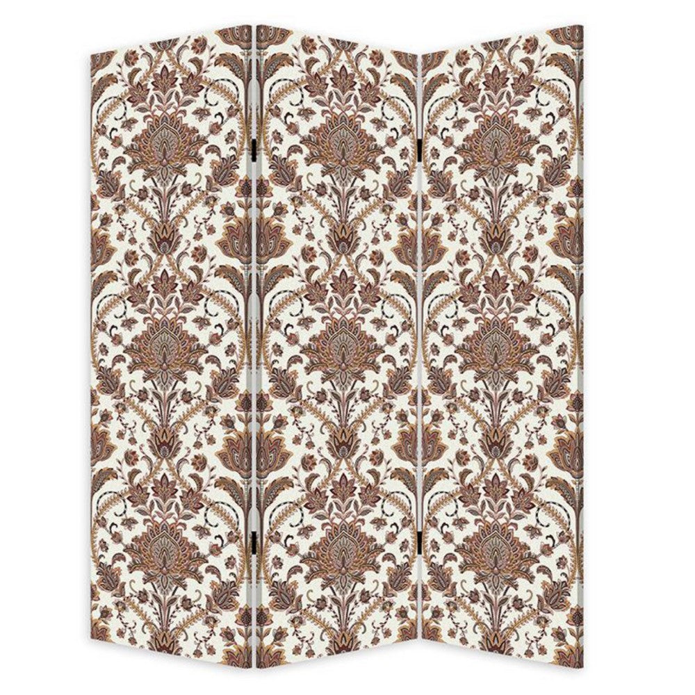 72 Inch 3 Panel Canvas Screen Room Divider, Dual Sided Baroque, White Brown - BM276719