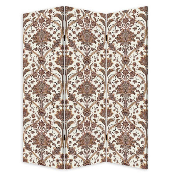 72 Inch 3 Panel Canvas Screen Room Divider, Dual Sided Baroque, White Brown - BM276719
