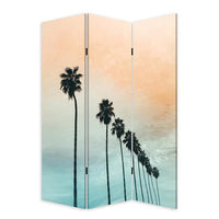 72 Inch 3 Panel Canvas Foldable Room Divider, Blue Sky, Palm Trees, Black - BM276720