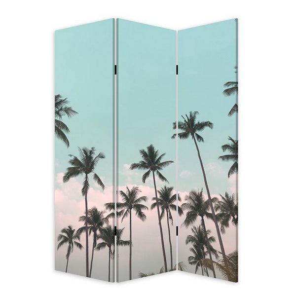 72 Inch 3 Panel Canvas Foldable Room Divider, Blue Sky, Palm Trees, Black - BM276720